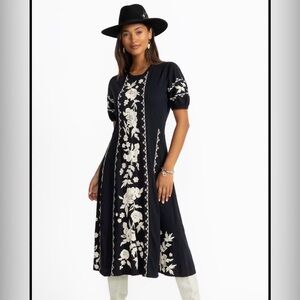 Johnny Was Camille Seamed Dress in Black Midi w/ Cream Floral Embroidery Size 2X